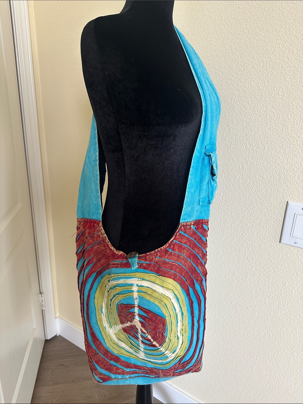 Turquoise Red and Green Boho Shoulder Bag. Peace sign. Tie dyed. Made in Nepal.